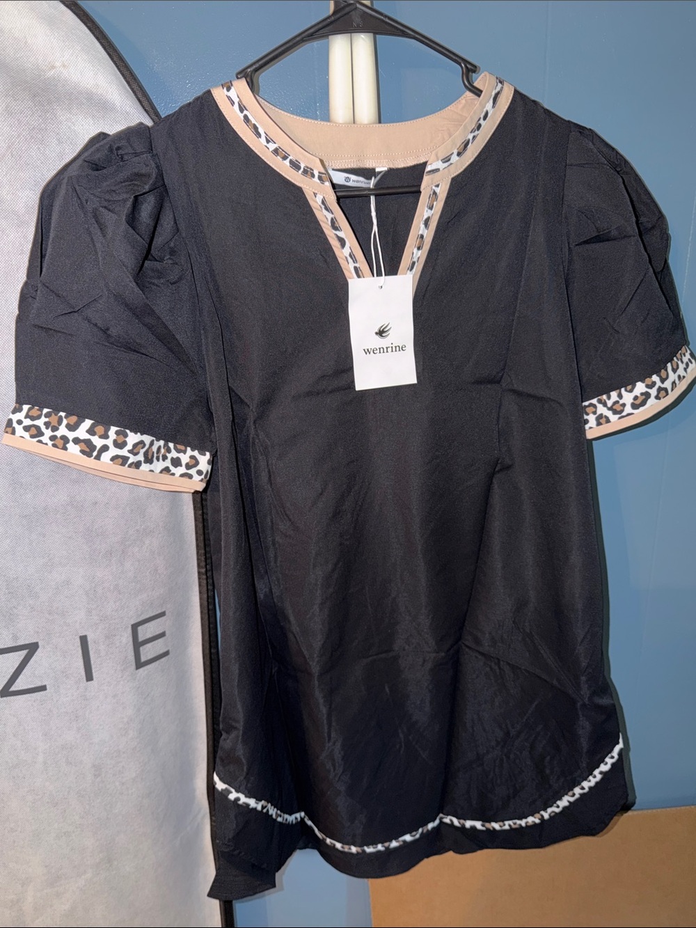 Wenrine Black Short Sleeve Blouse with Tan & Leopard Trim